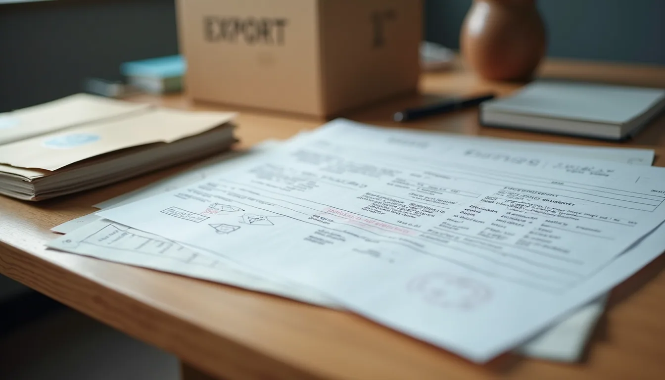 Close-up view of export documents and shipping labels on a wooden desk
