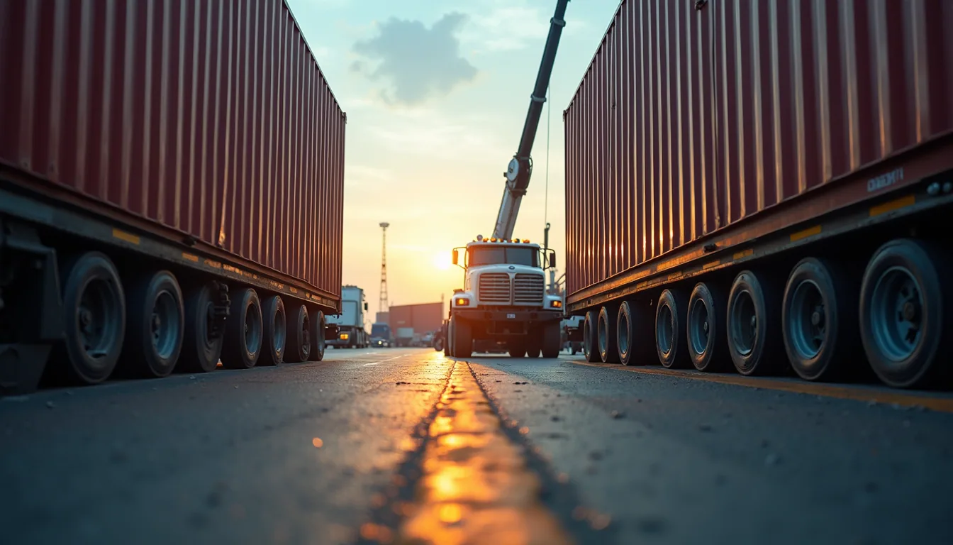 Eye-level view of a shipping container being loaded at a port