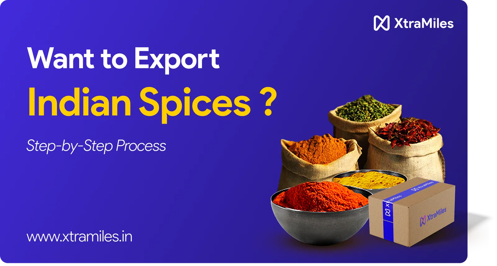 Bags and bowls of Indian spices with a cardboard box on a blue background. Text: Want to Export Indian Spices? Step-by-Step Process.